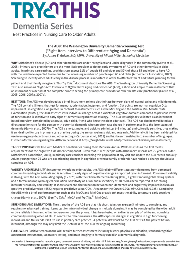 AD8 Dementia Screening Tool Overview | PDF | Dementia | Neuroscience