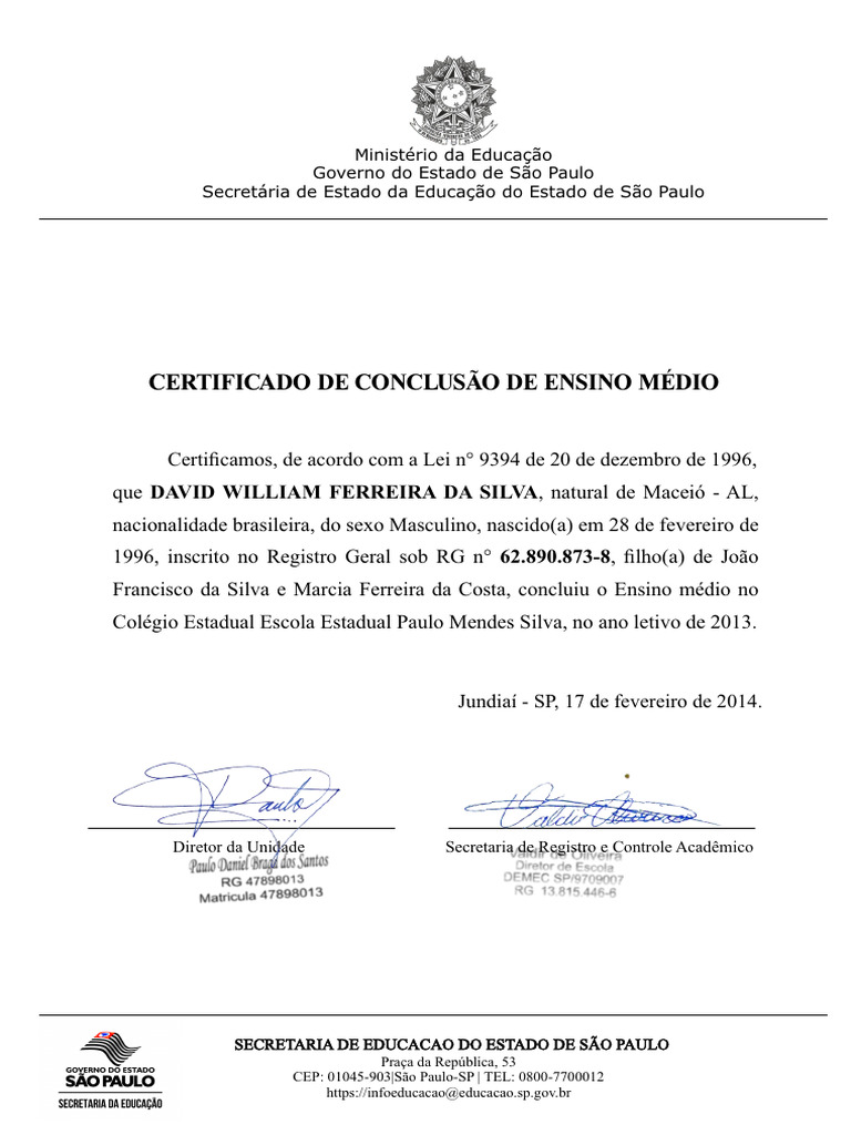 Certificado de Conclusão do Ensino Médio SP | PDF