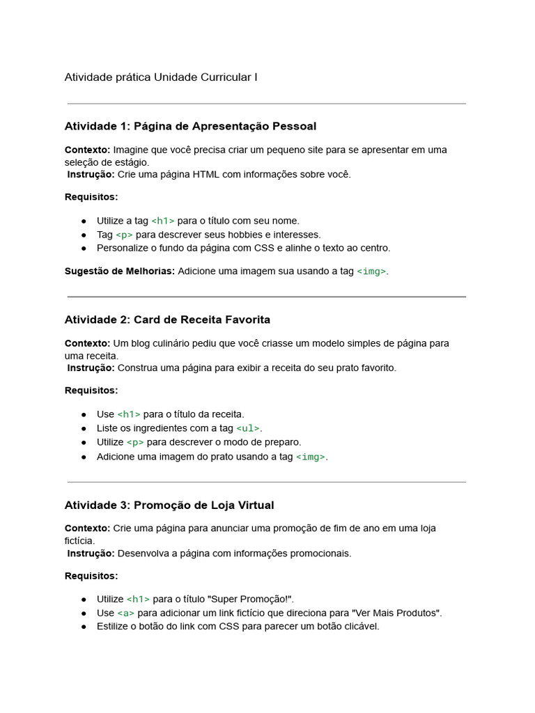 Atividades Práticas de HTML e CSS | PDF