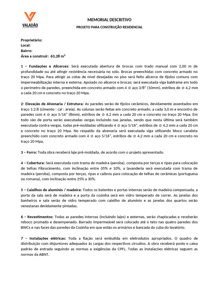 Memorial Descritivo de Construção Residencial | PDF | Concreto | Alvenaria