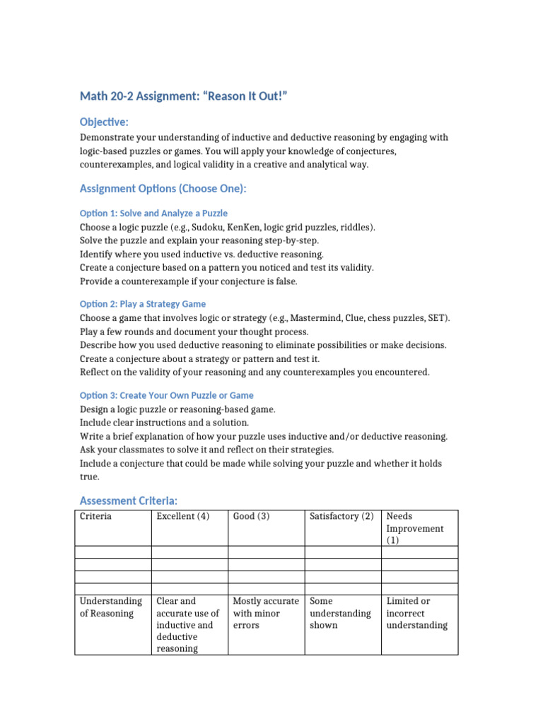 Logic Puzzles and Reasoning Assignment | PDF | Reason | Deductive Reasoning