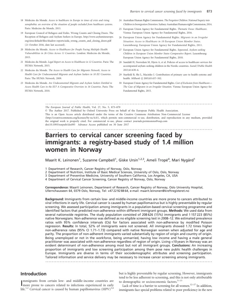 Barriers To Cervical Cancer Screening Faced by | PDF | Asylum Seeker ...