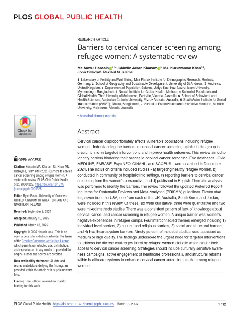 Barriers To Cervical Cancer Screening Among Refuge | PDF | Cervical ...