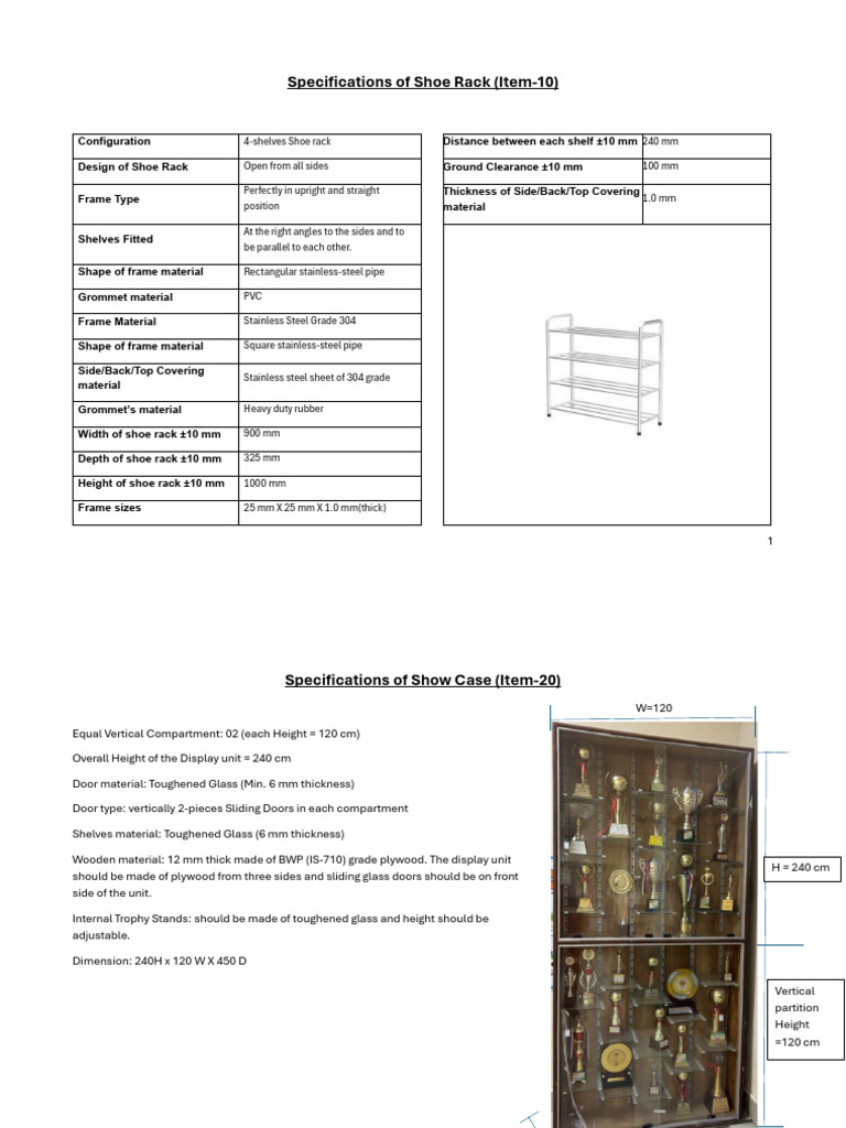Specifications for Shoe Rack, Show Case, Lockers | PDF | Door ...
