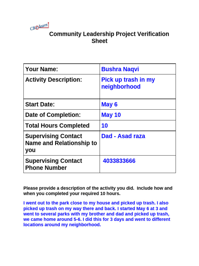 PE - Community Leadership Project Verification Sheet | PDF