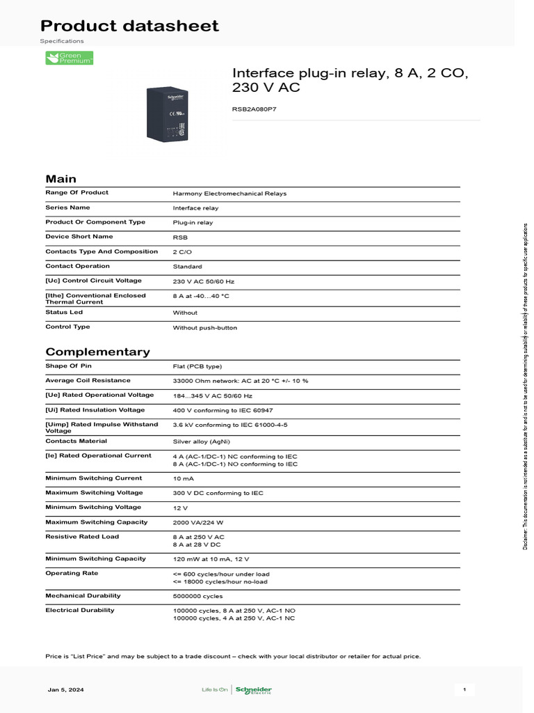 Relé Interface Enchufable Zelio RSB De Schneider – 2 Contactos, 230V CA, Para Automatización Industrial