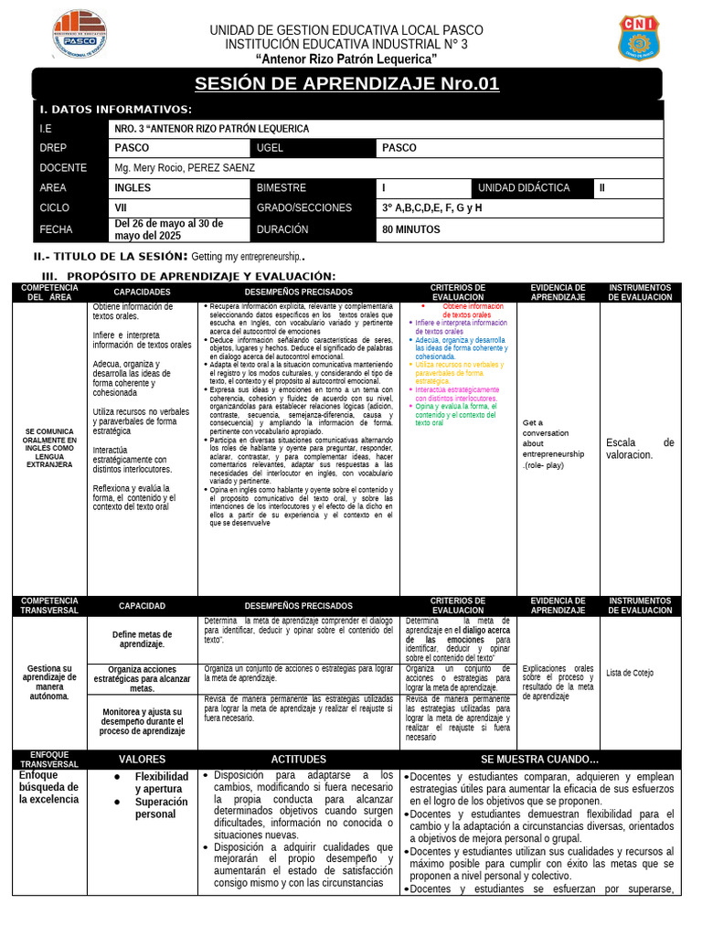 Lesson Plan 01 Speaking | PDF | Aprendizaje | Evaluación