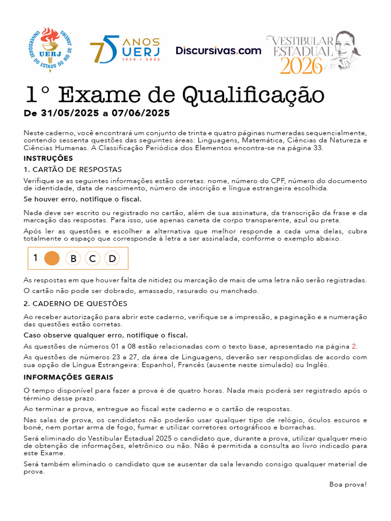 Simulado UERJ 2026: 1º Exame Qualificação | PDF | Seleção natural ...