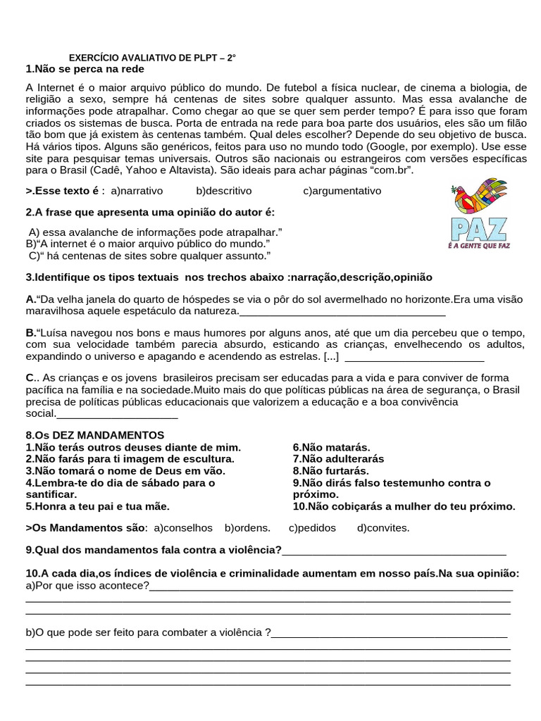 Exercício Avaliativo de PLPT - 2º Ano | PDF | Os Dez Mandamentos
