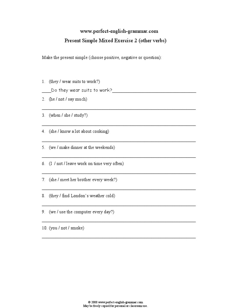 Present Simple Form Mixed Exercise 2 Other Verbs Pdf