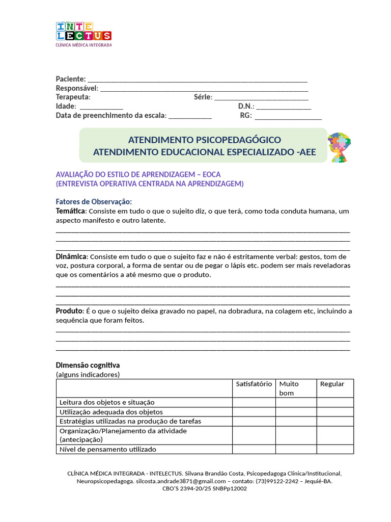 Ficha de Avaliação EOCA | PDF | Aprendizado | Ciência cognitiva