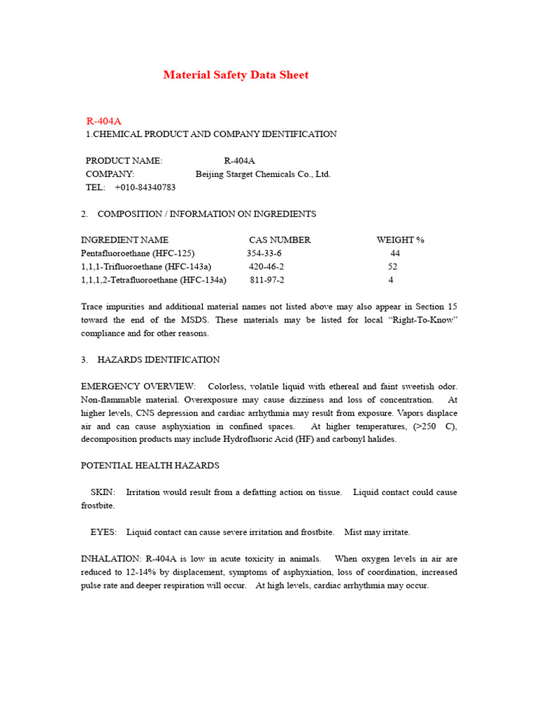 R404a MSDS | PDF | Dangerous Goods | Resource Conservation And Recovery Act
