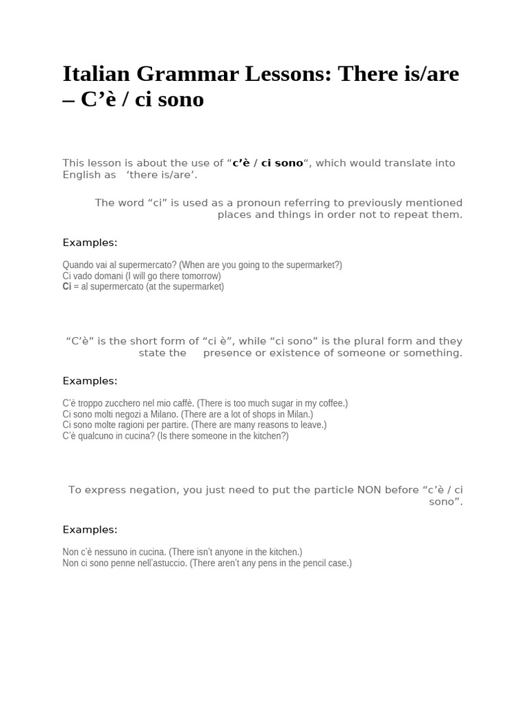 Italian Grammar: C'è and Ci Sono | PDF