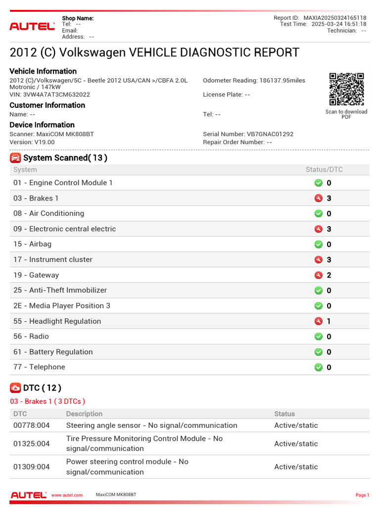 2012 (C) Volkswagen VEHICLE DIAGNOSTIC REPORT - 3VW4A7AT3CM632022 ...