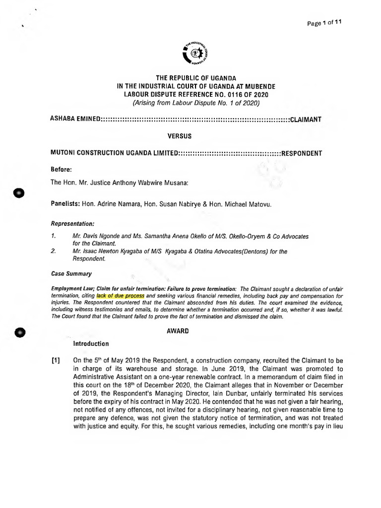 Unfair Termination Case: Ashaba Emined vs. Mutoni | PDF | Burden Of ...