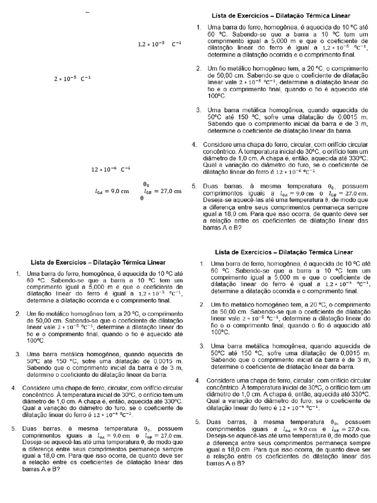 Exercícios de Dilatação Térmica Linear | PDF