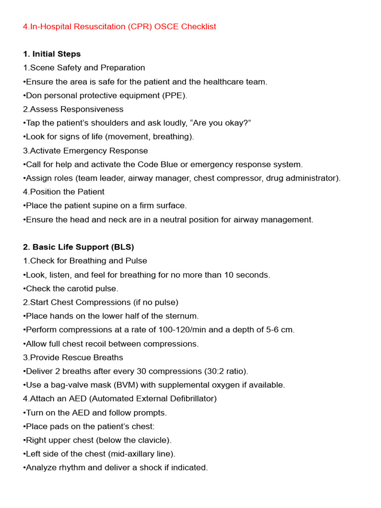 In-Hospital CPR OSCE Checklist | PDF | Cardiopulmonary Resuscitation ...