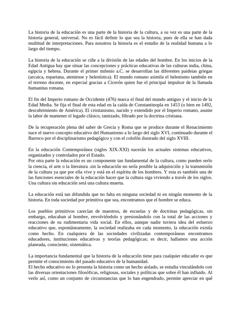 Historia de la Educación a través del Tiempo | PDF | Educación en artes ...