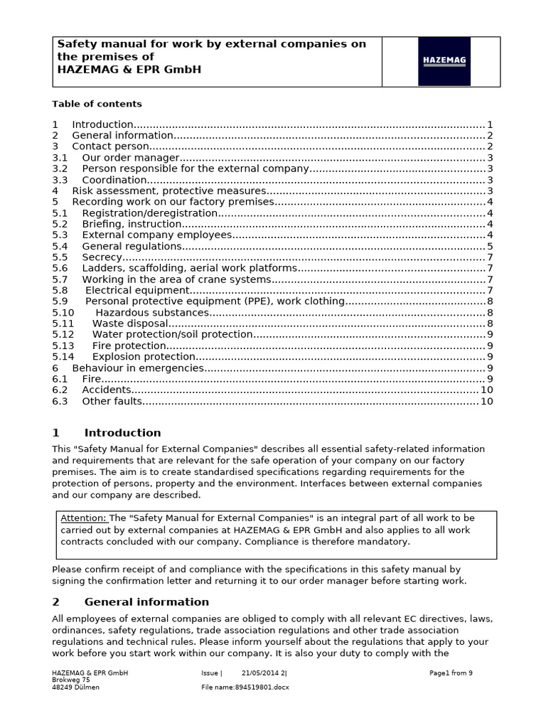 Safety Manual for External Contractors | PDF | Occupational Safety And ...