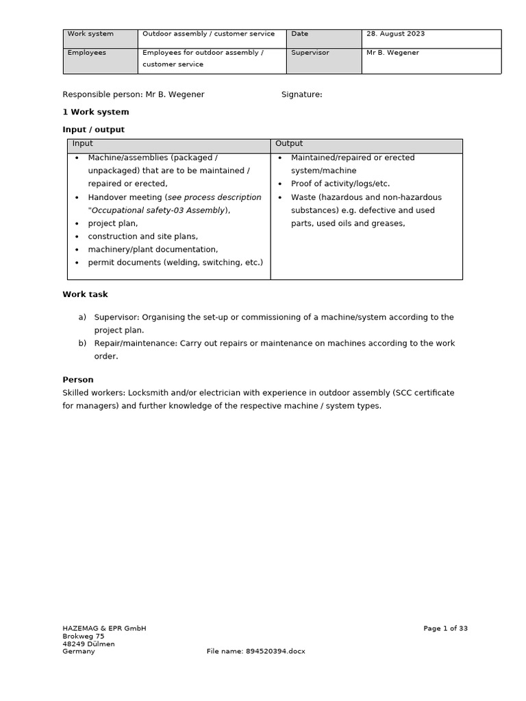 Outdoor Assembly Work System Guide | PDF | Personal Protective ...