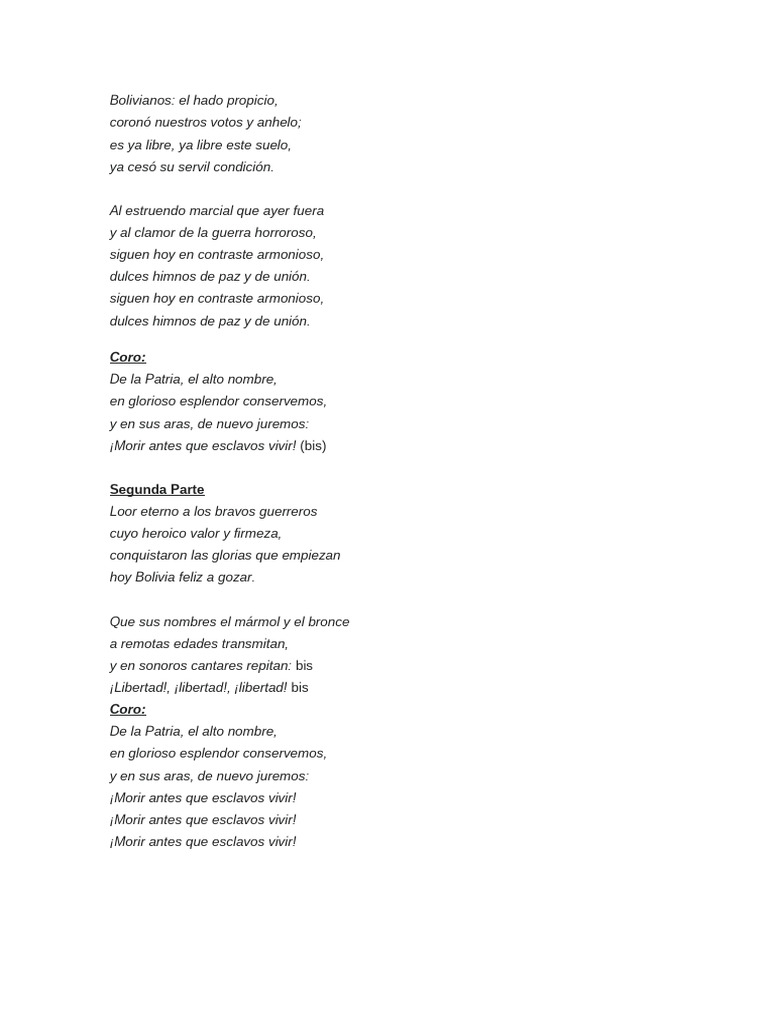 Letra Completa del Himno Nacional de Bolivia | PDF