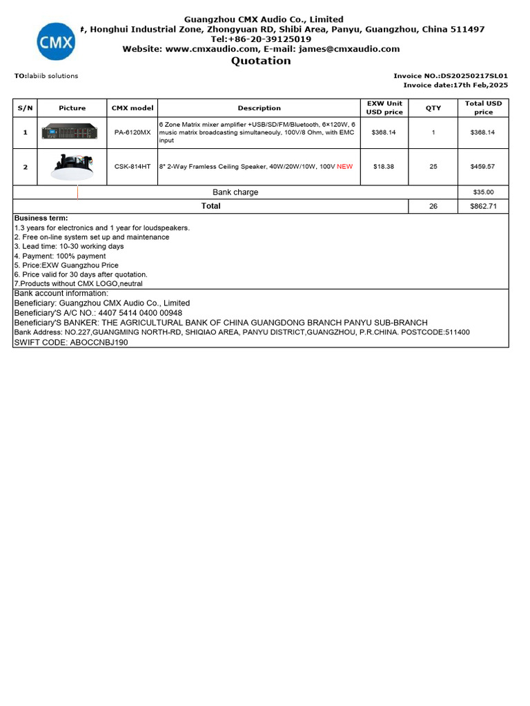 Quotation for CMX Audio Equipment | PDF