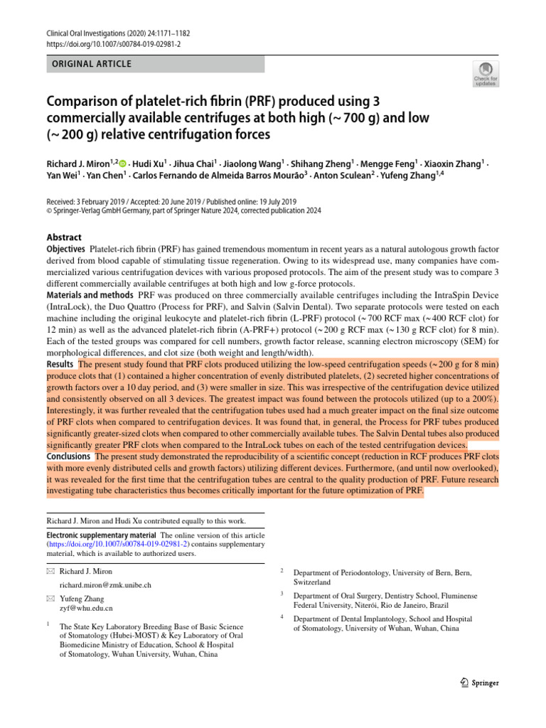 Comparison of Platelet-Rich Fibrin (PRF) Produced Using 3 | PDF ...