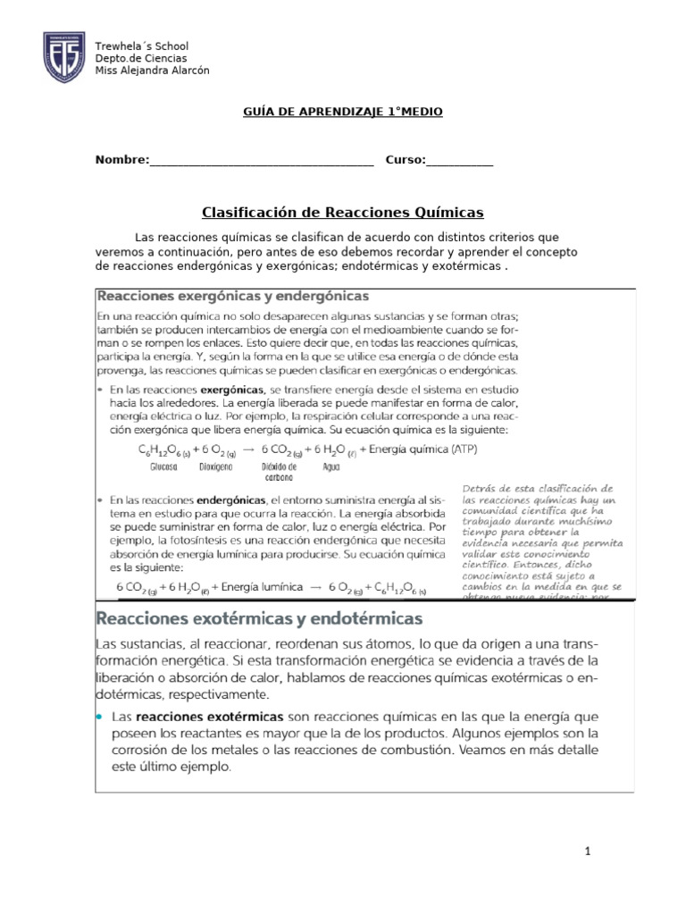 Guia 1°medio Clasificacion de Reacciones Qcas | PDF
