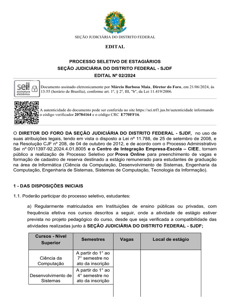 Processo Seletivo Estágio 2025 SJDF | PDF