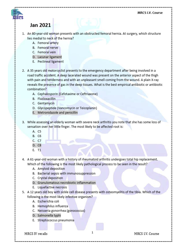 MRCS IV Exam Recall Questions | PDF | Knee | Thumb