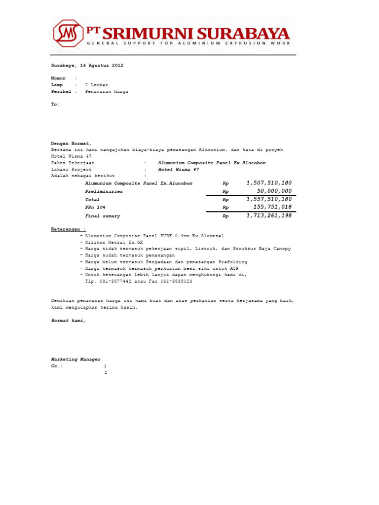 Form Penawaran Wisma 47 REV 5 ACP Alumetal BQ Quotation | PDF