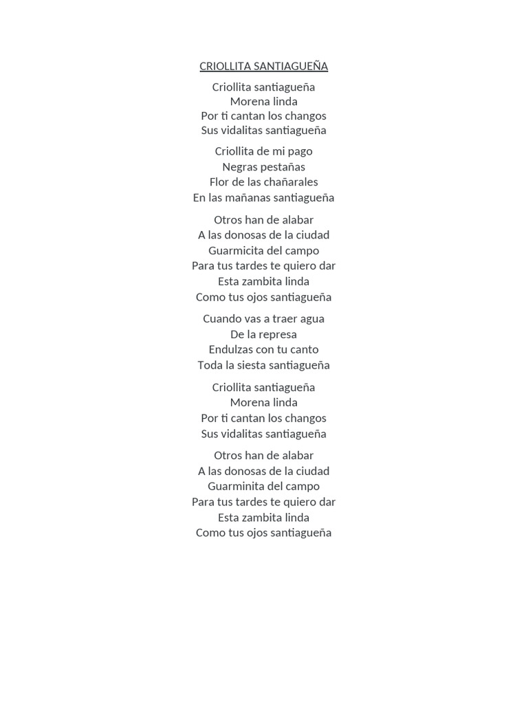 Canto Zamba Letra Criollita Santiagueña | PDF