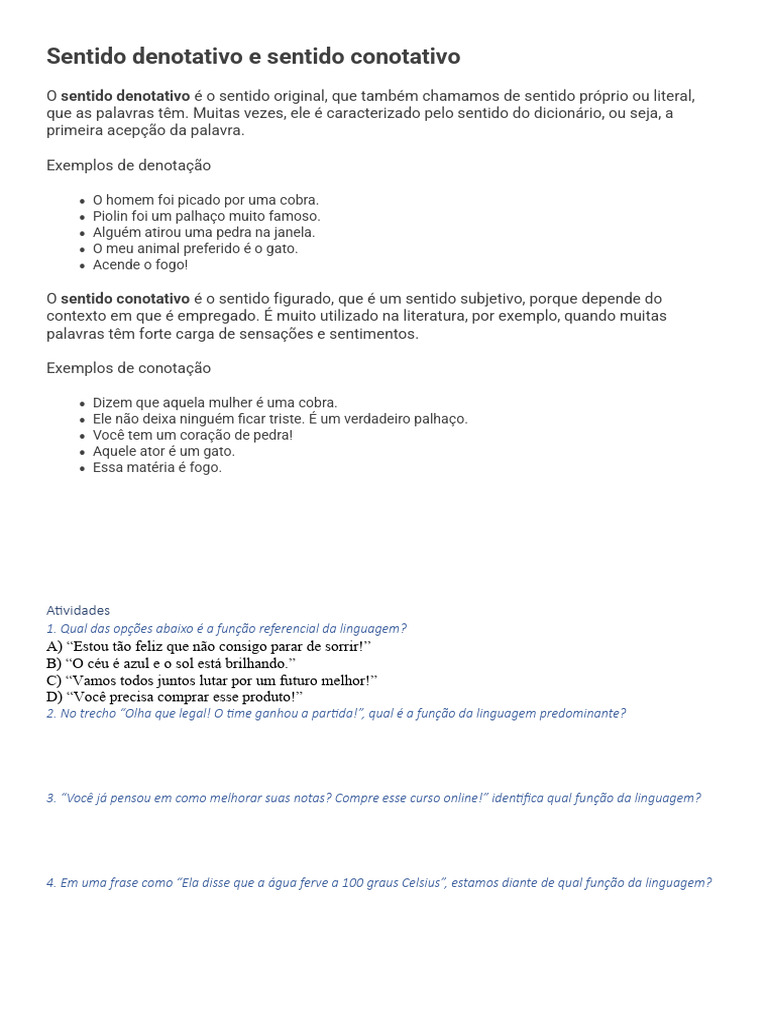 Atividade Sentido Denotativo e Sentido Conotativo | PDF