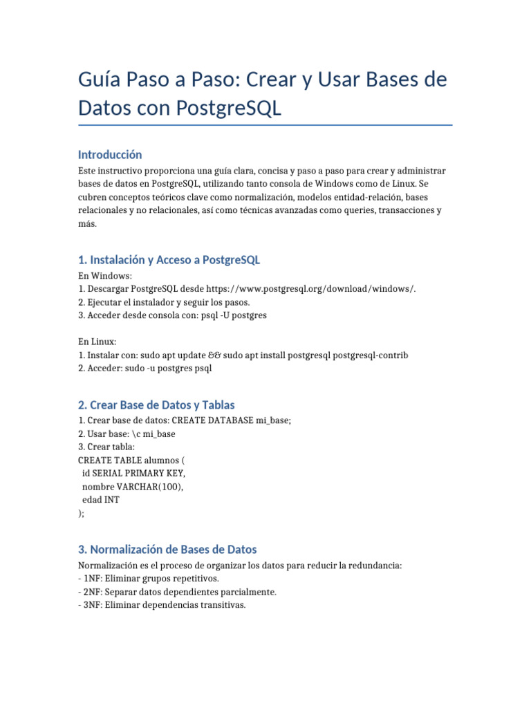 Crear y Administrar Bases de Datos en PostgreSQL | PDF
