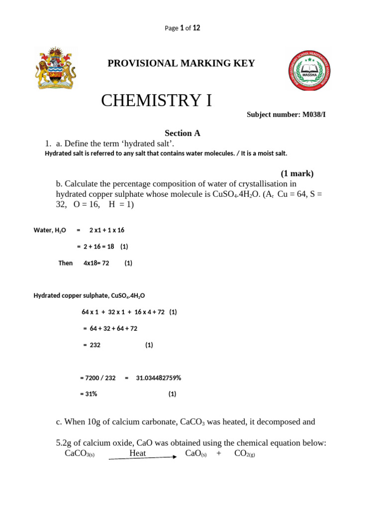Chemistry Marking Key I | PDF | Chemical Reactions | Chemical Bond