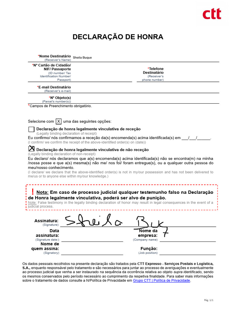 Declaração de Honra para Recepção de Encomendas | PDF | Privacidade ...