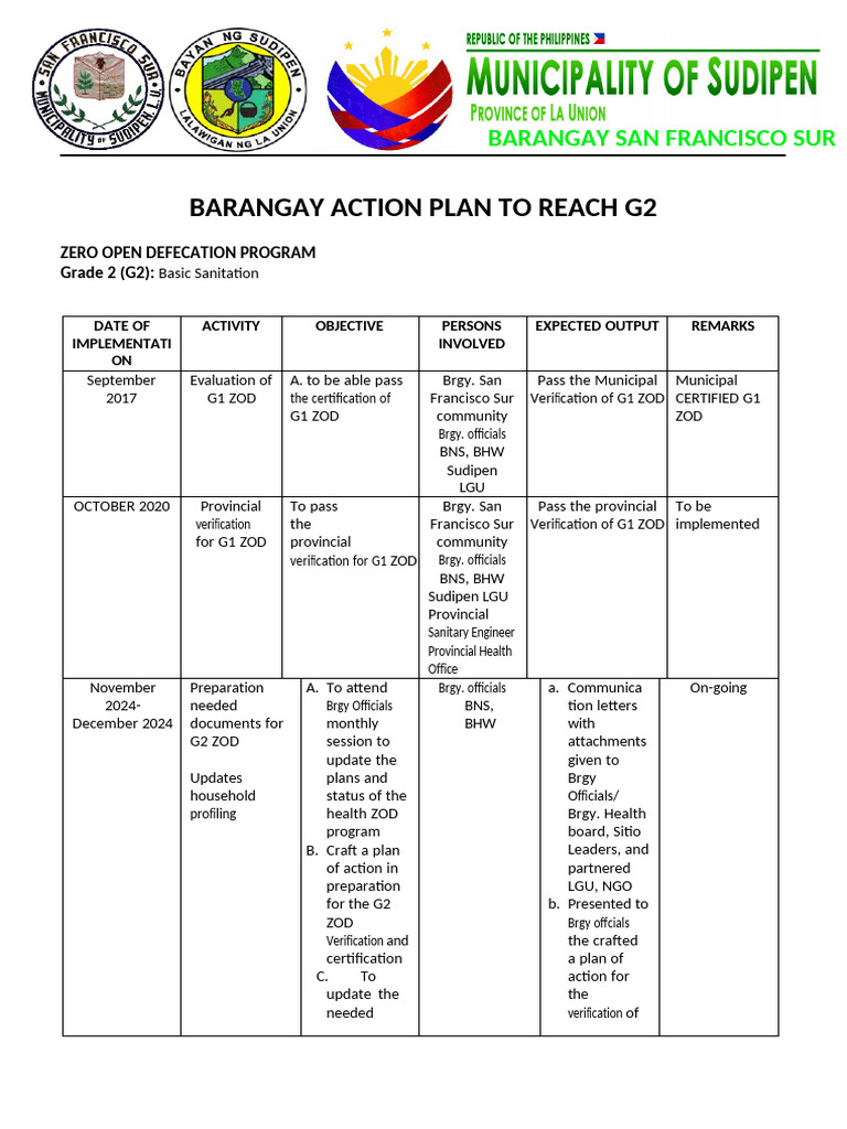Barangay G2 Zero Open Defecation Plan | PDF | Water Pollution | Water ...