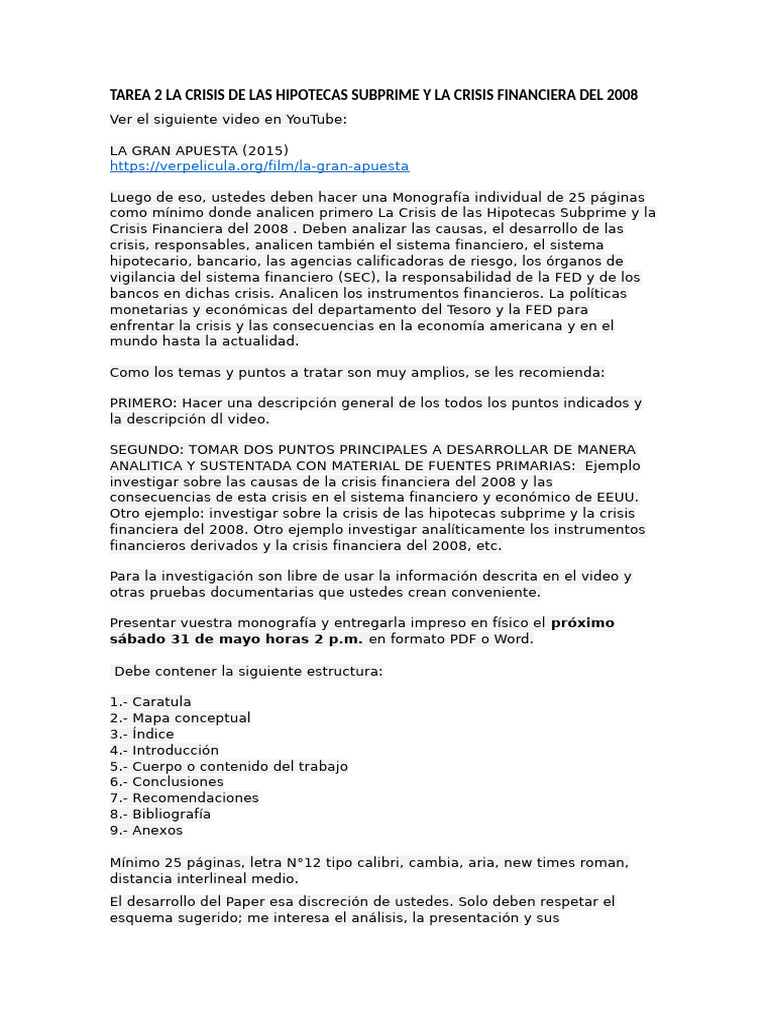 Tarea 2 La Crisis de Las Hipotecas Subprime y La Crisi Financiera Del ...