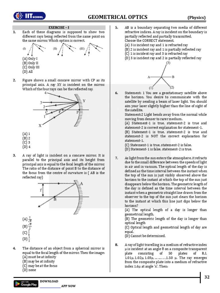Geometrical Optics Exercises and Concepts | PDF | Optics | Refraction