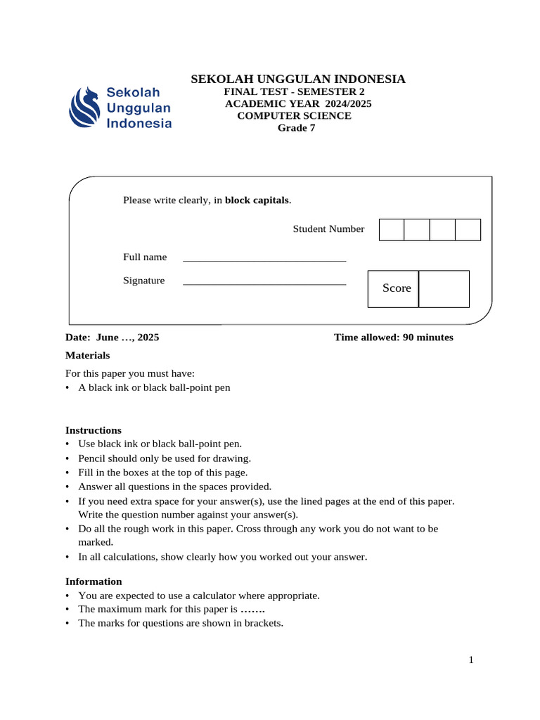 Grade 7 Computer Science Final Test | PDF