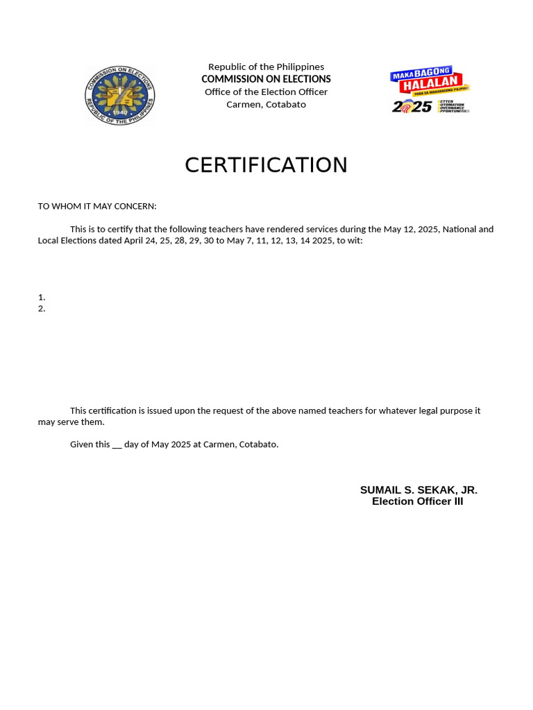 Certification of Election Service 2025 | PDF
