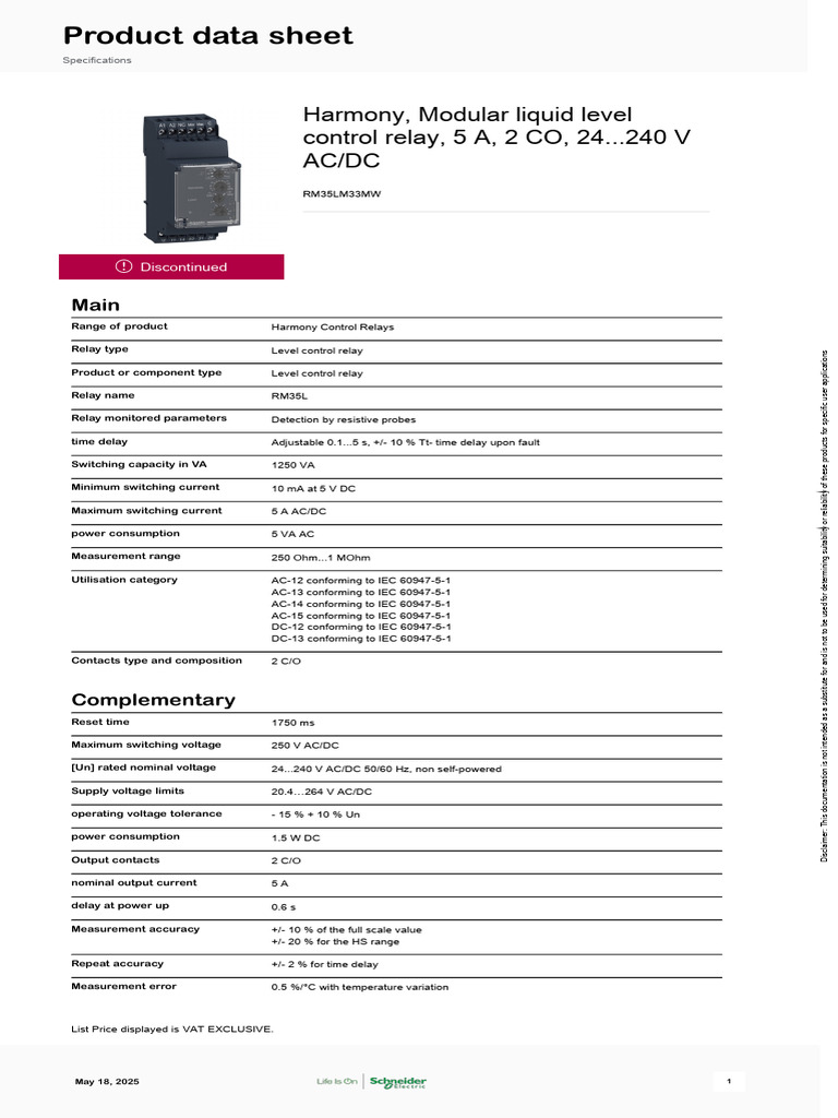 RM35LM33MW Level Control Relay Data | PDF | Relay | Electrical Equipment