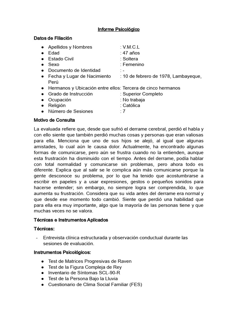 Informe Psicológico de V.M.C.L. | PDF | Las emociones | Depresión ...