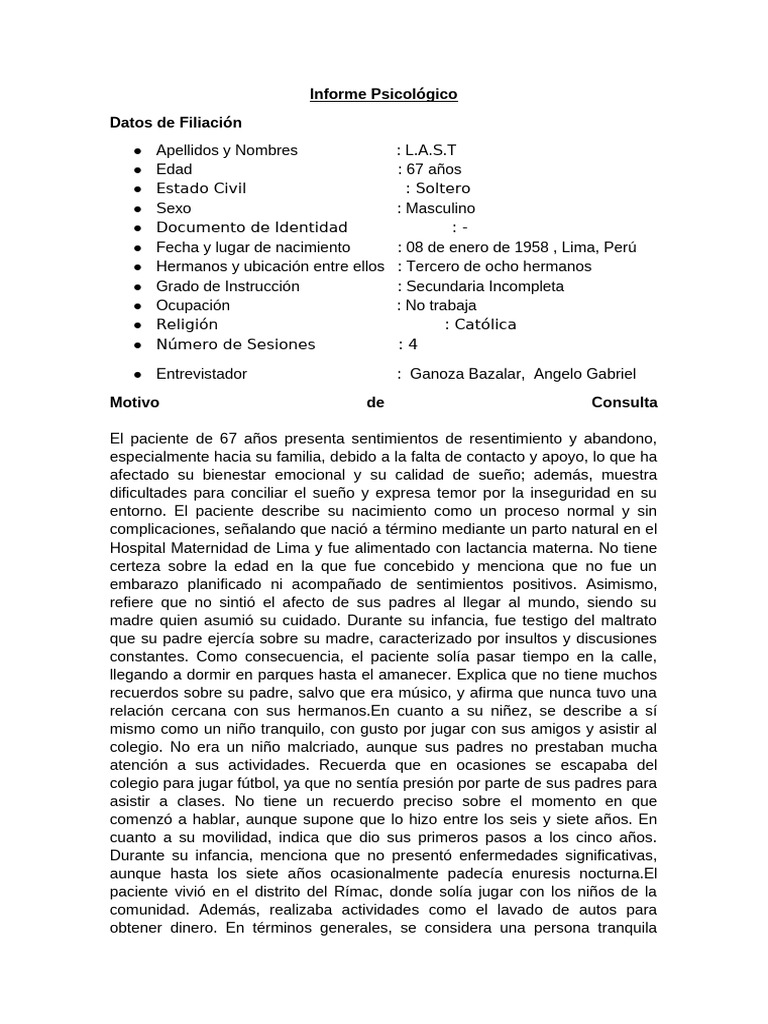 Informe Psicológico de Paciente Masculino | PDF | Las emociones ...