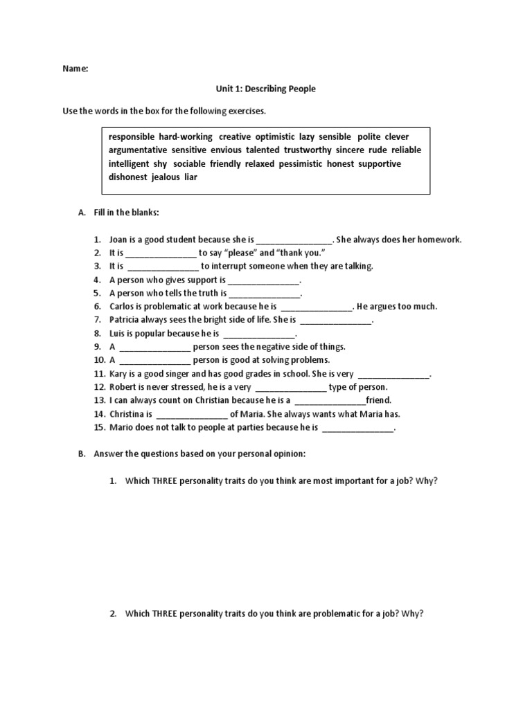 Describe People Worksheet