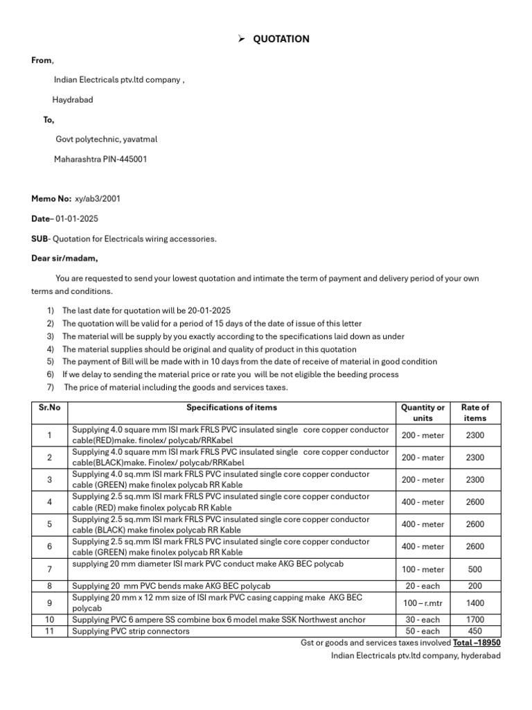 Quotation for Electrical Wiring Supplies | PDF | Electrical Conductor ...