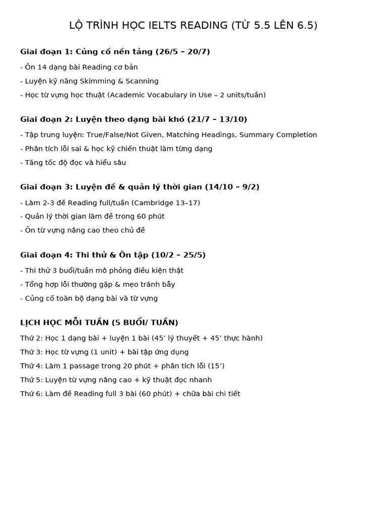 Lich Hoc IELTS Reading 5.5 Len 6.5 | PDF
