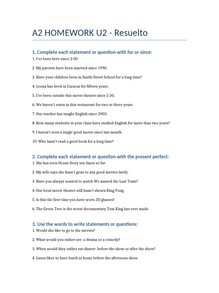 A2 Homework U2: English Grammar Exercises | PDF