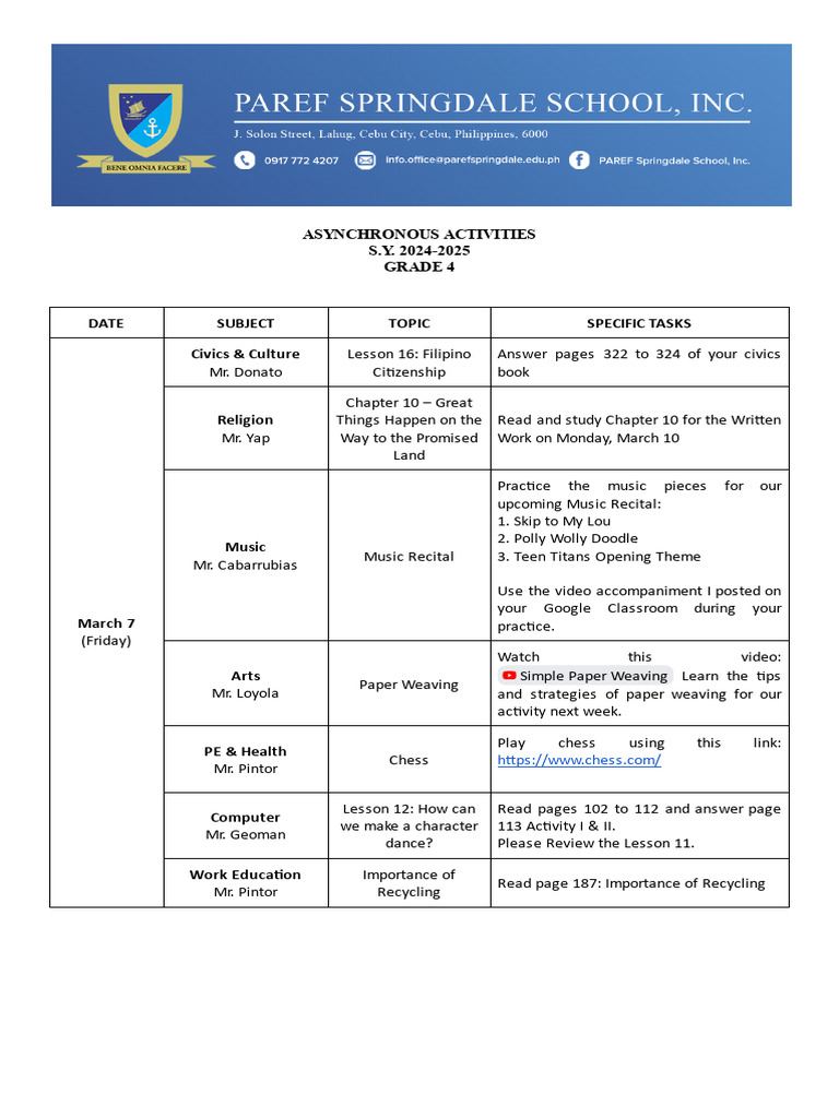 Grade 4 Asynchronous Activities 2024 | PDF