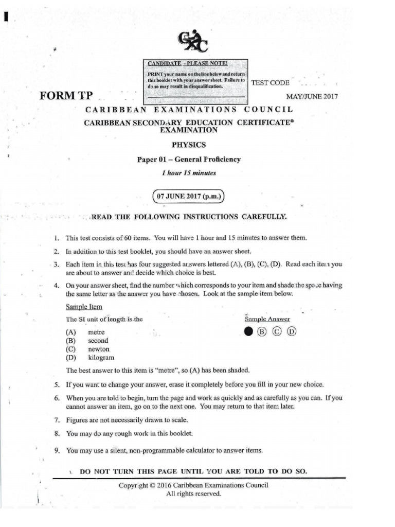 CSEC Physics P1 2017 MJ - Solutions | PDF